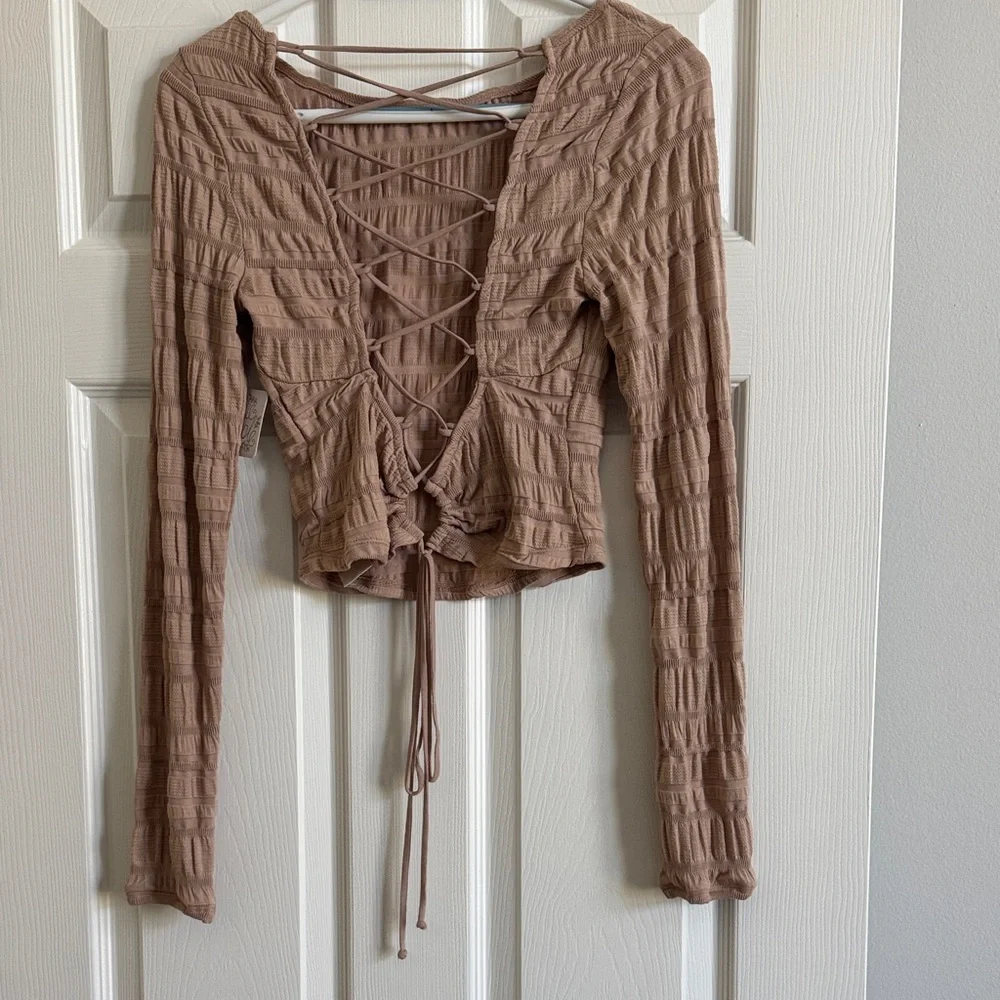 Free People Long Sleeve Textured Crop Top in Taupe